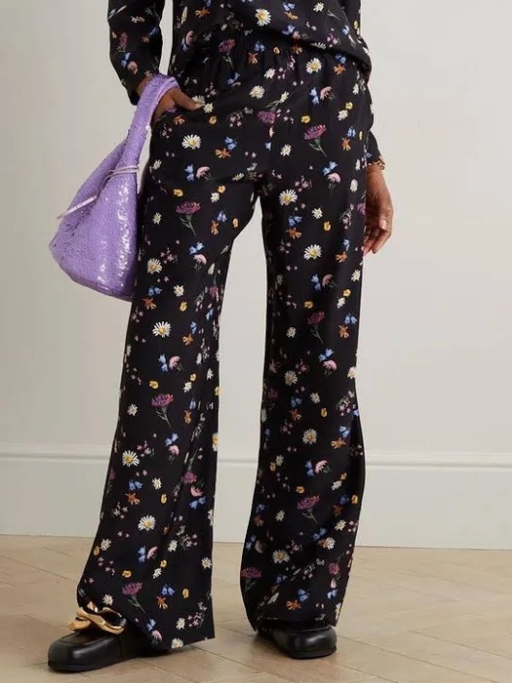 Stella McCartney Ditsy Floral Print Silk Wide Leg Pants Black Size IT 36 Size 2